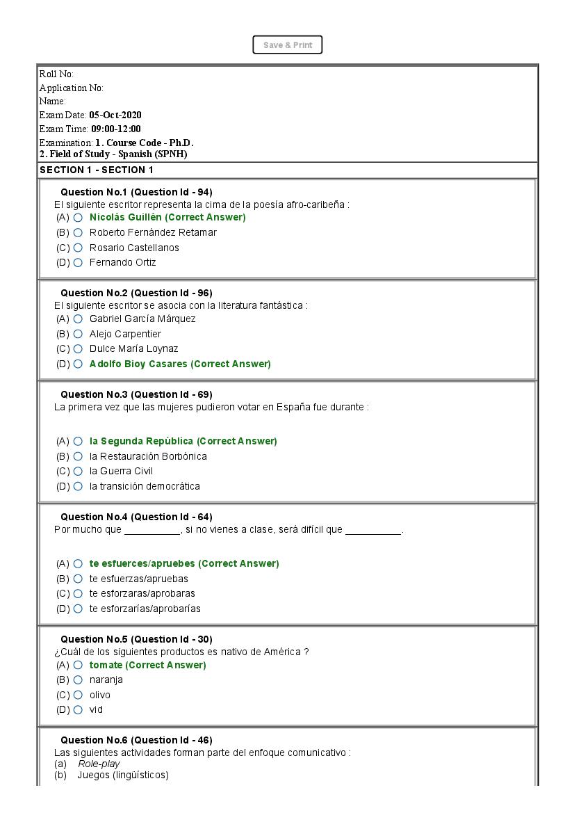 JNUEE 2020 Question Paper Ph.D Spanish - Page 1