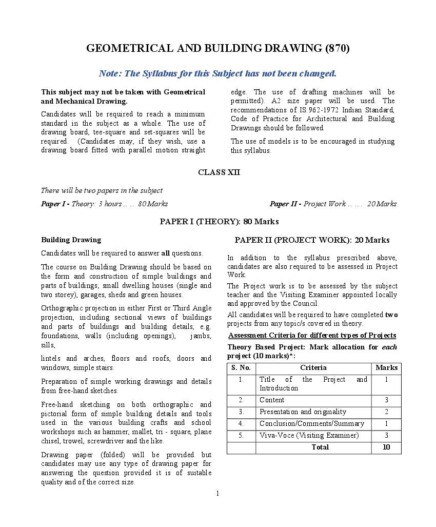 ISC Class 12 Syllabus 2023 Geometrical and Building Drawing (Revised) - Page 1
