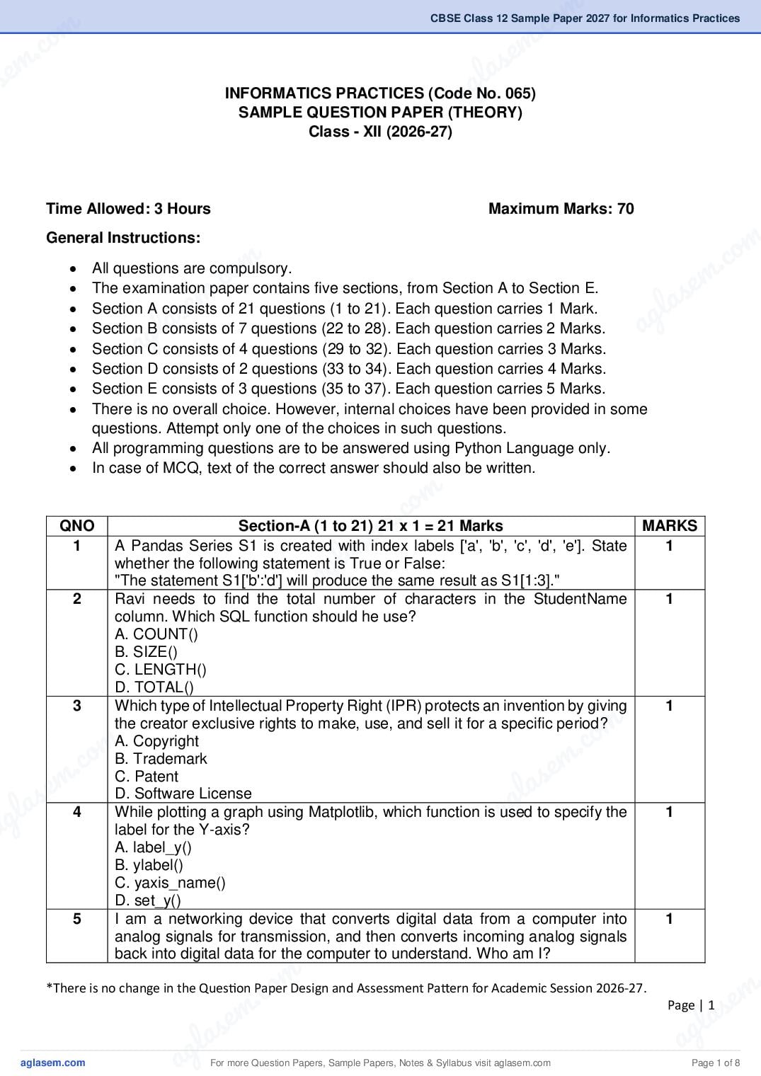 CBSE Class 12 Sample Paper 2027 for Informatics Practices - Page 1 of 8