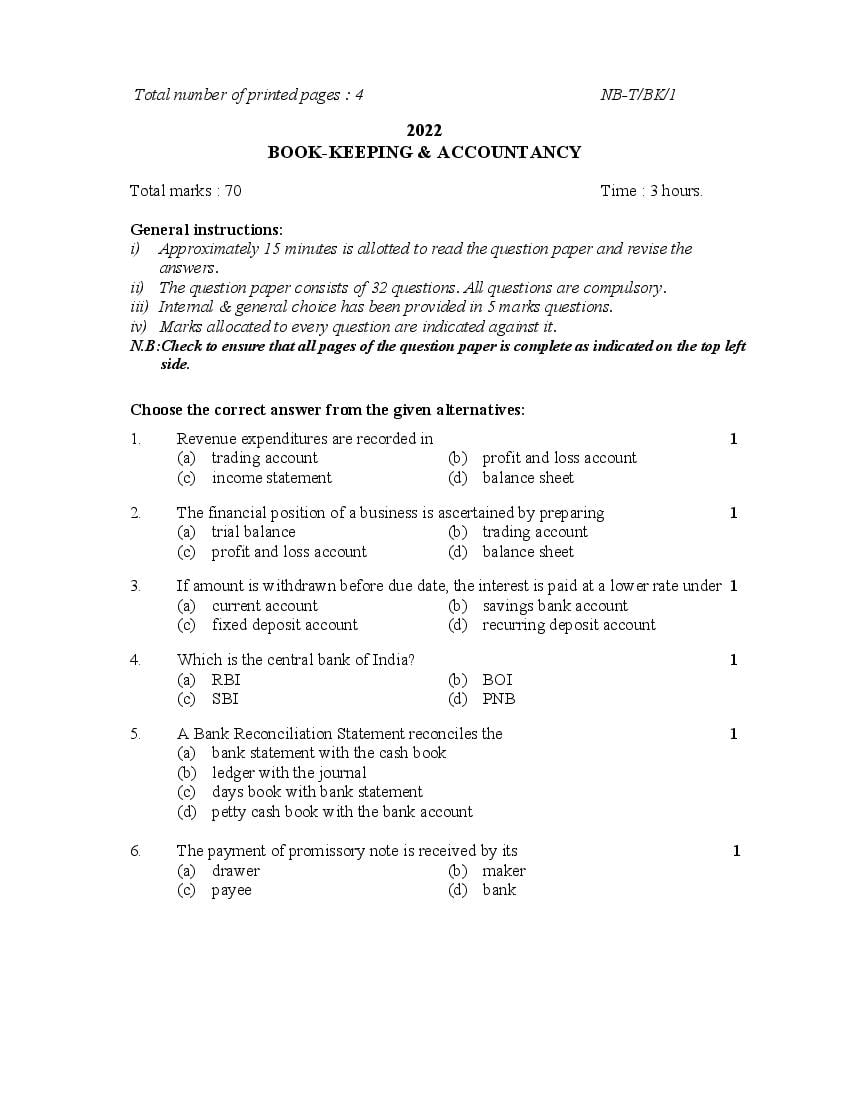 NBSE Class 10 Question Paper 2022 Book-Keeping & Accountancy - Page 1