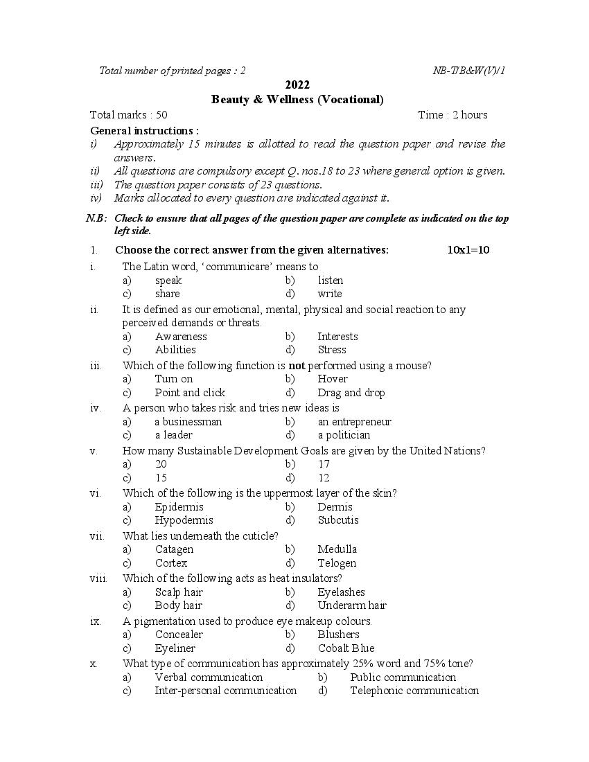 NBSE Class 10 Question Paper 2022 Beauty & Wellness (Vocational) - Page 1