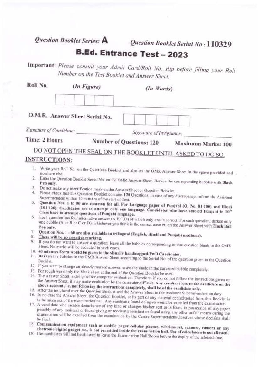 Chandigarh B.Ed 2023 Question Paper - Page 1 of 27