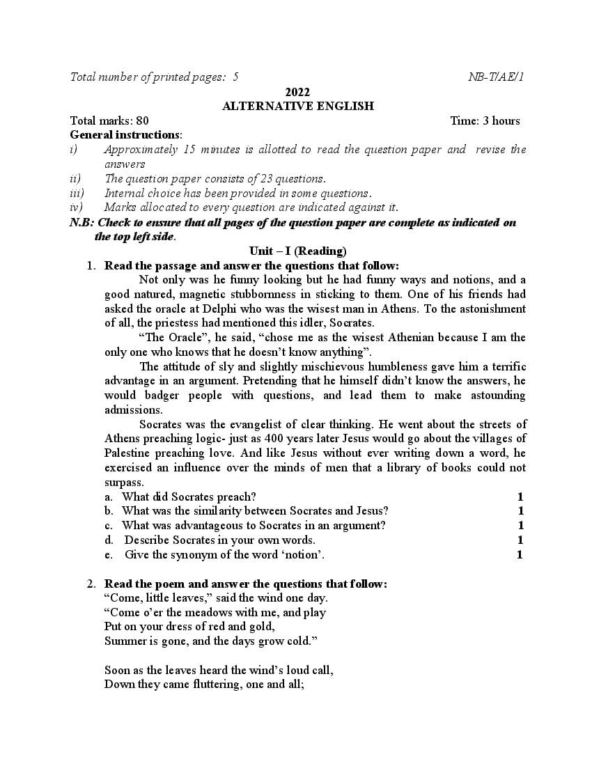 NBSE Class 10 Question Paper 2022 Alternative English - Page 1