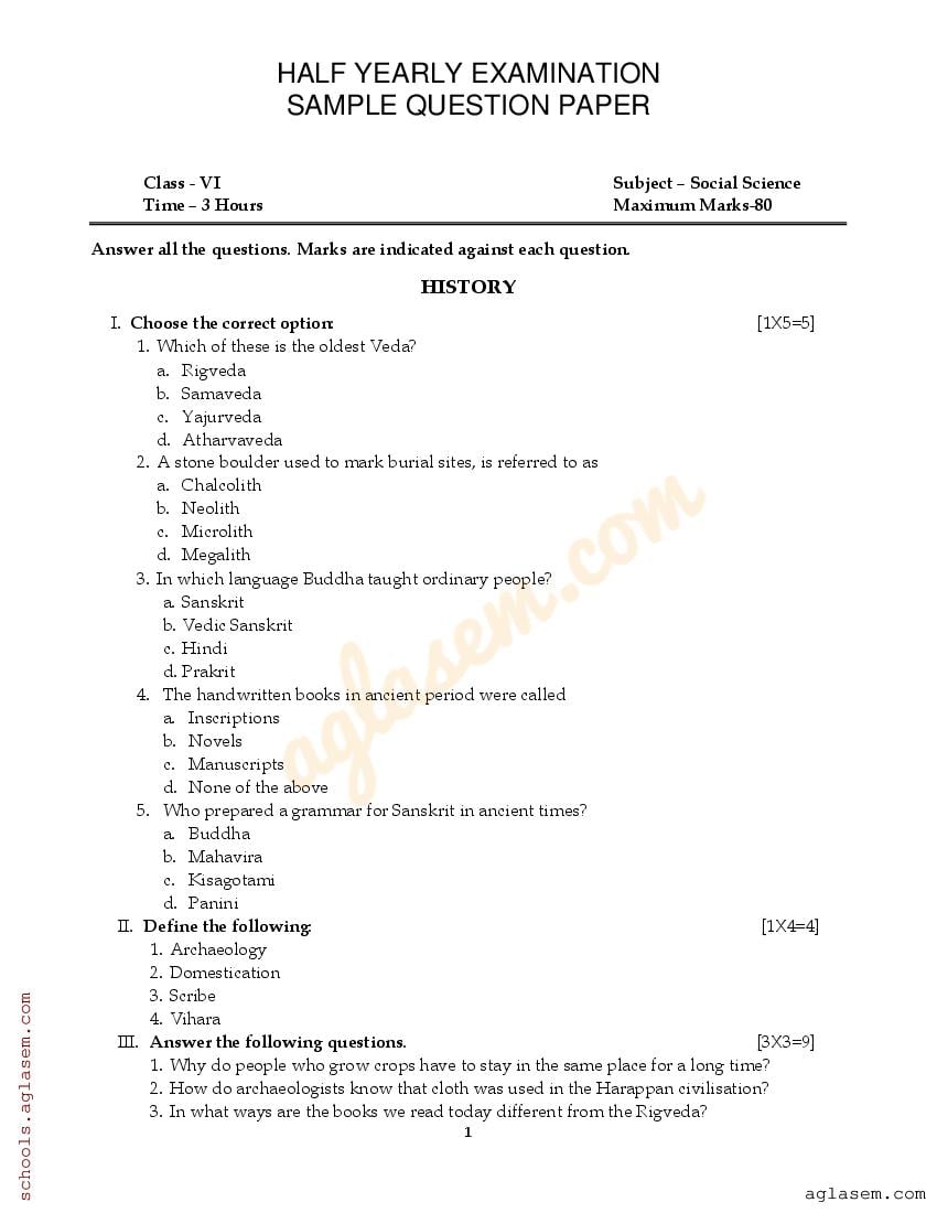 Class 6 Social Science Sample Paper Half Yearly 2024 | 6th Social ...