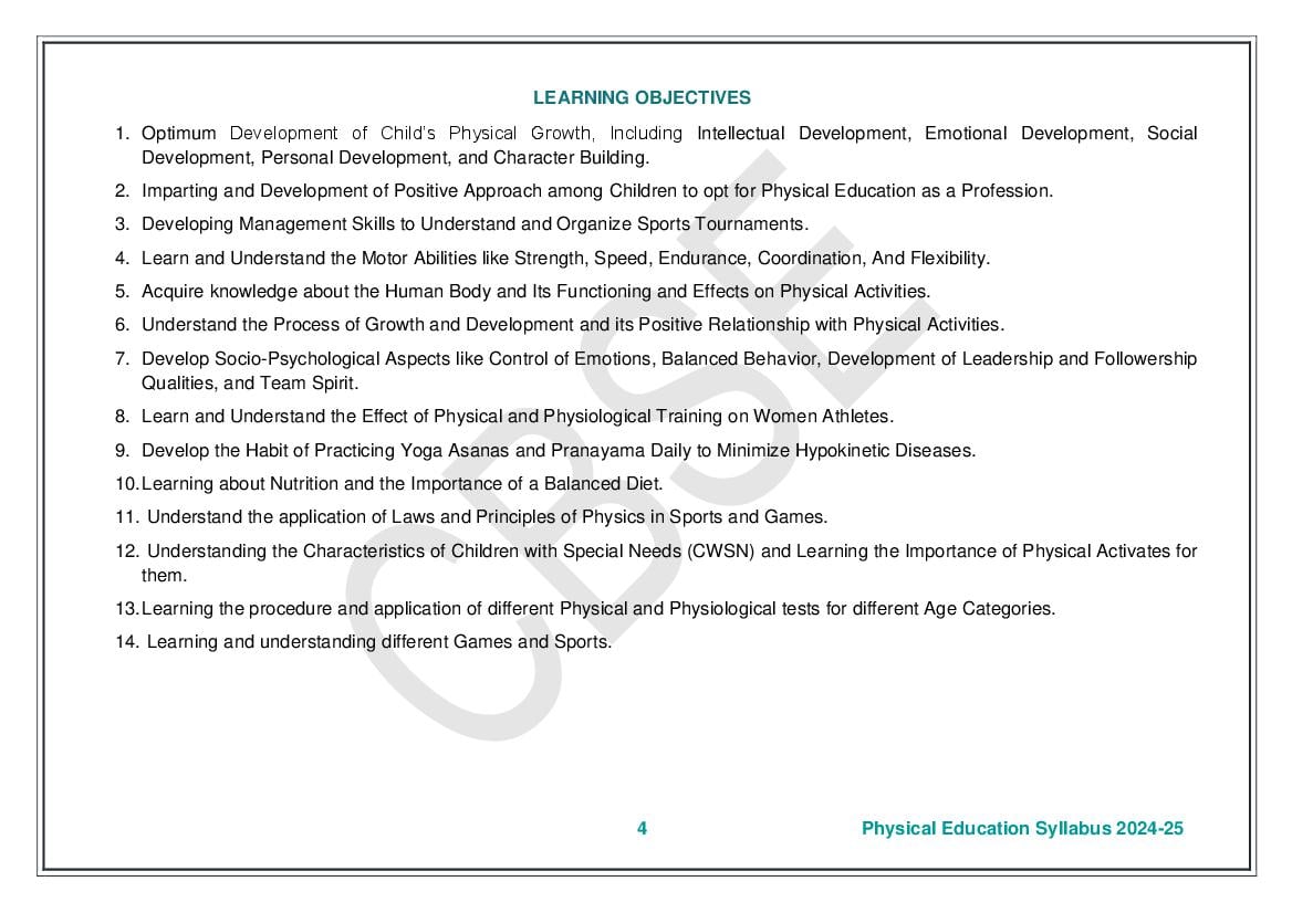 Cbse Class 11 Physical Education Syllabus 2025 New Download Pdf