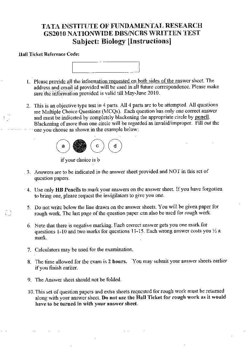 TIFR GS 2010 Question Paper Biology - Page 1 of 15