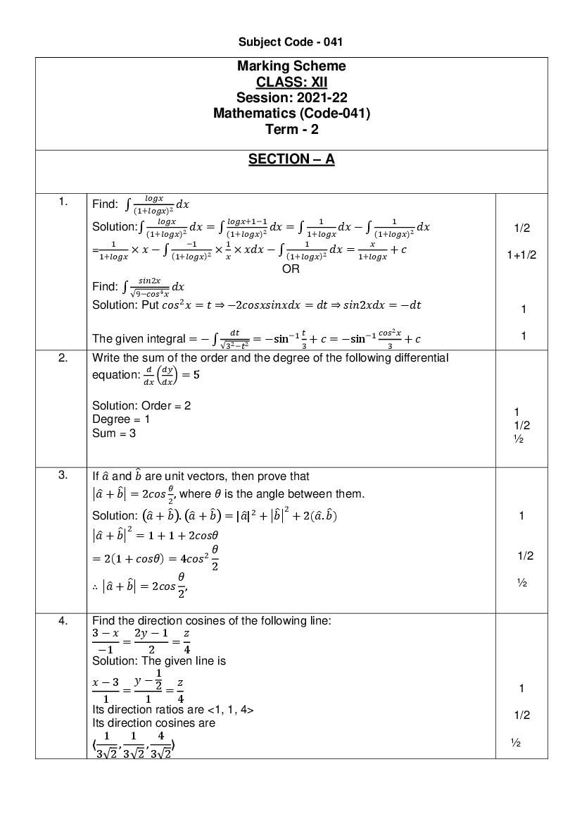 CBSE Class 12 Marking Scheme 2022 for Maths Term 2 - Page 1