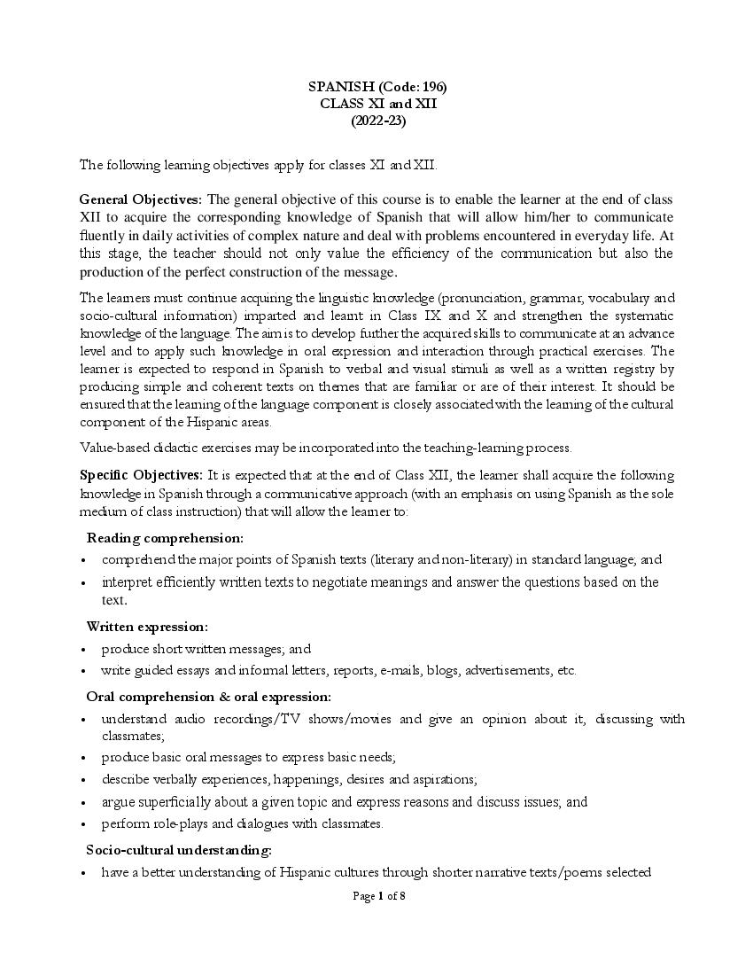 CBSE Class 11 Syllabus 2022-23 Spanish - Page 1 of 4