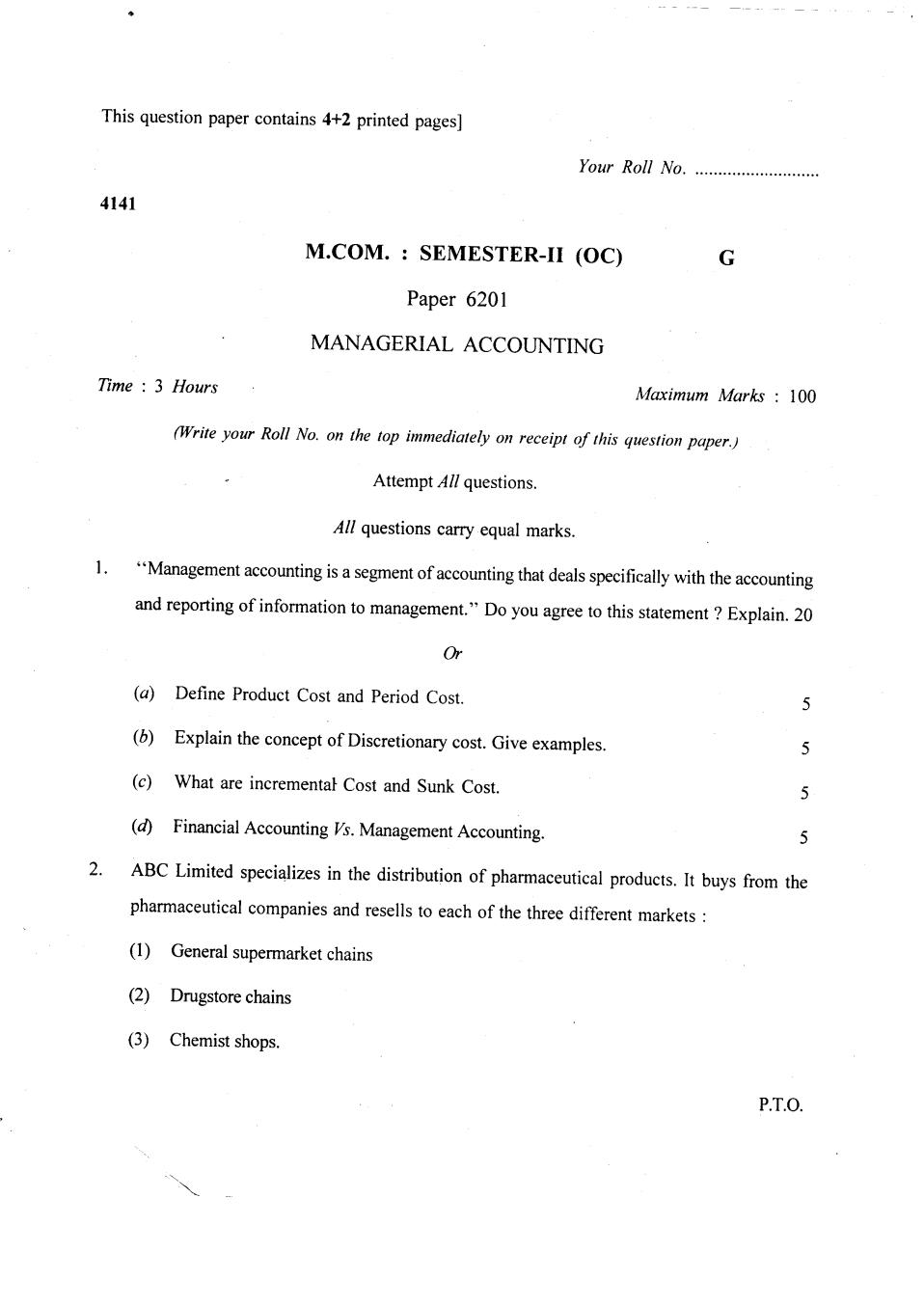DU SOL M.Com Question Paper 1st Year 2018 Sem 2 Managerial Accounting - Page 1