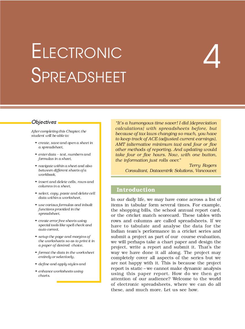 NCERT Book Class 11 Computer and Communication Technology Chapter 4 Electronic Spreadsheet - Page 1