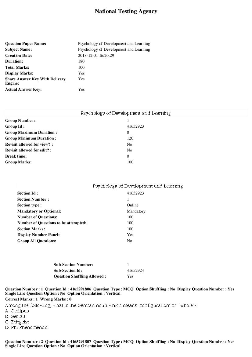 SWAYAM 2018 Question Paper Psychology of Development and Learning - Page 1 of 17