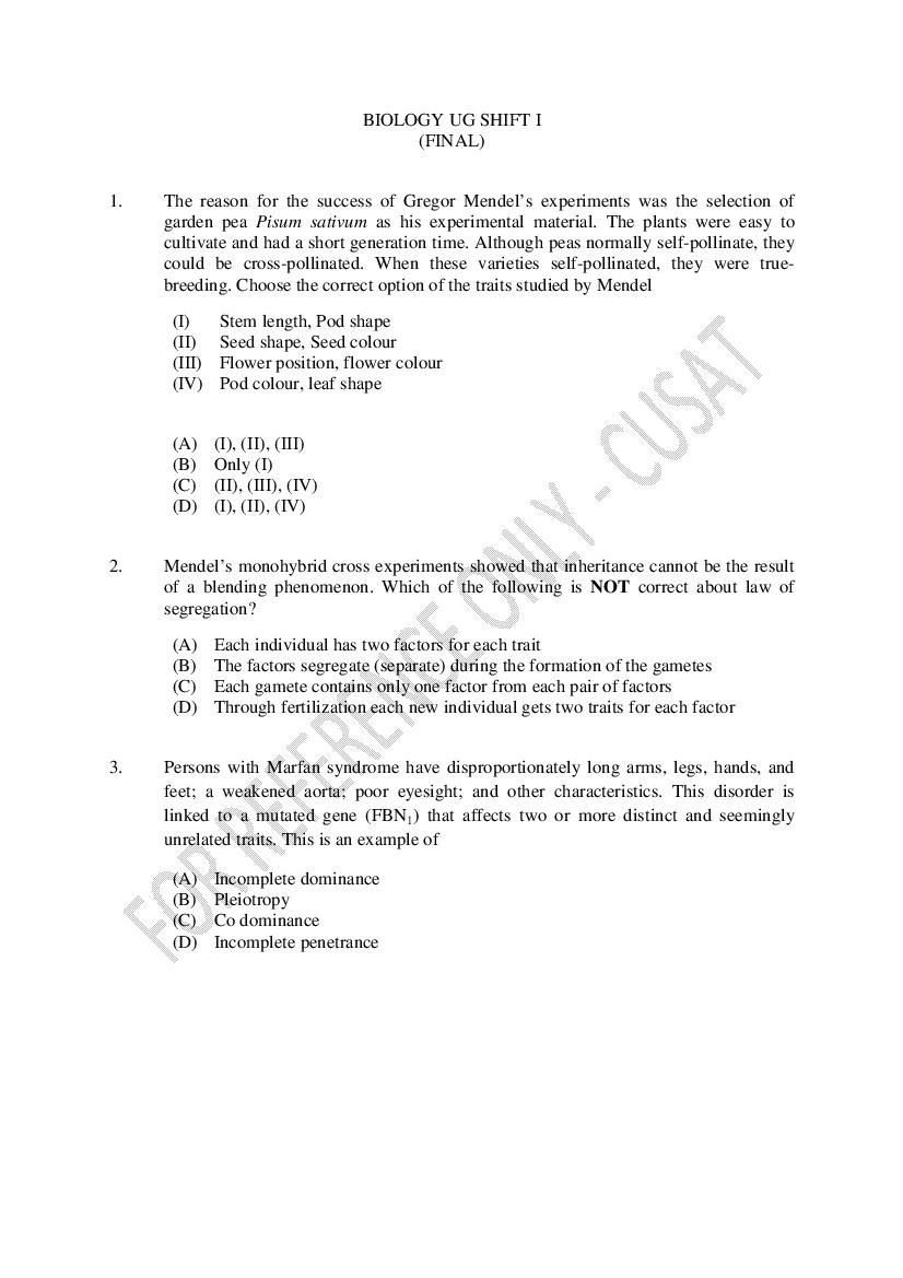 CUSAT CAT 2023 Question Paper Biology UG - Page 1