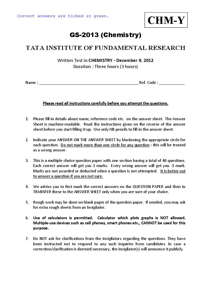 TIFR GS 2013 Question Paper Chemistry Y - Page 1 of 13