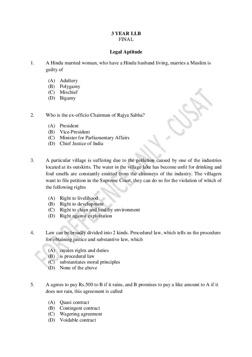 CUSAT CAT 2023 Question Paper 3 Year LLB - Page 1
