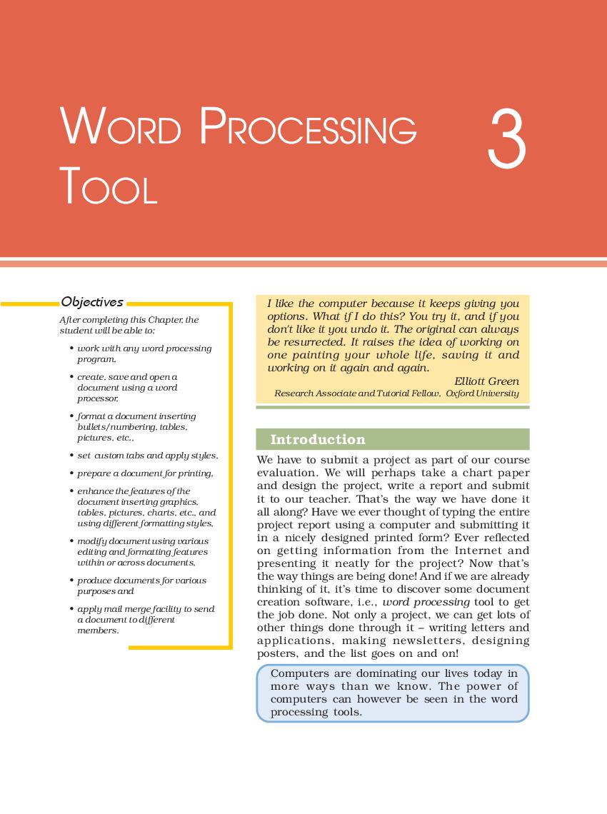 NCERT Book Class 11 Computer and Communication Technology Chapter 3 World Processing Tool - Page 1
