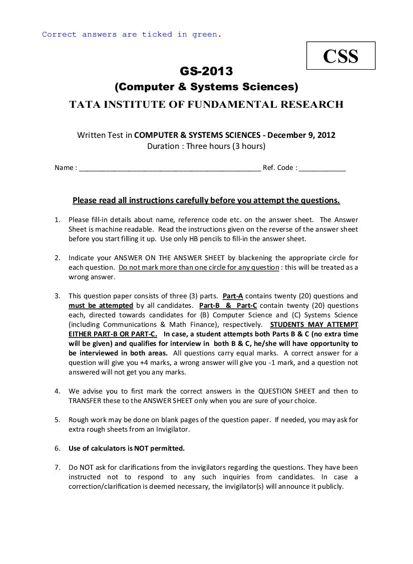 TIFR GS 2013 Question Paper Computer Science - Page 1 of 23
