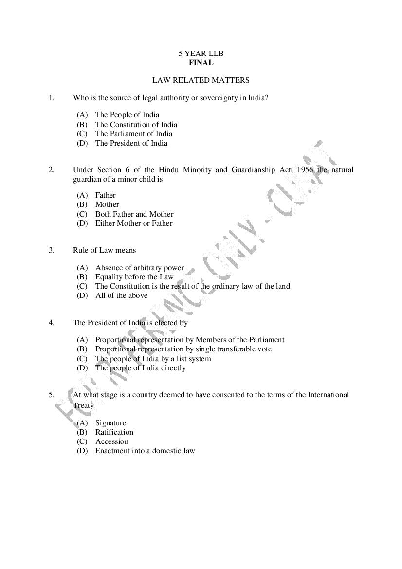 CUSAT CAT 2023 Question Paper 5 Year LLB - Page 1