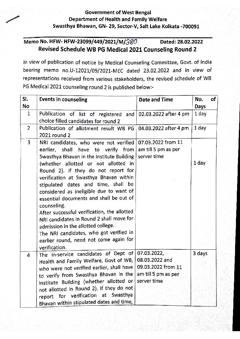 WBMCC PG Medical Admission 2021 2nd Round Counselling Schedule