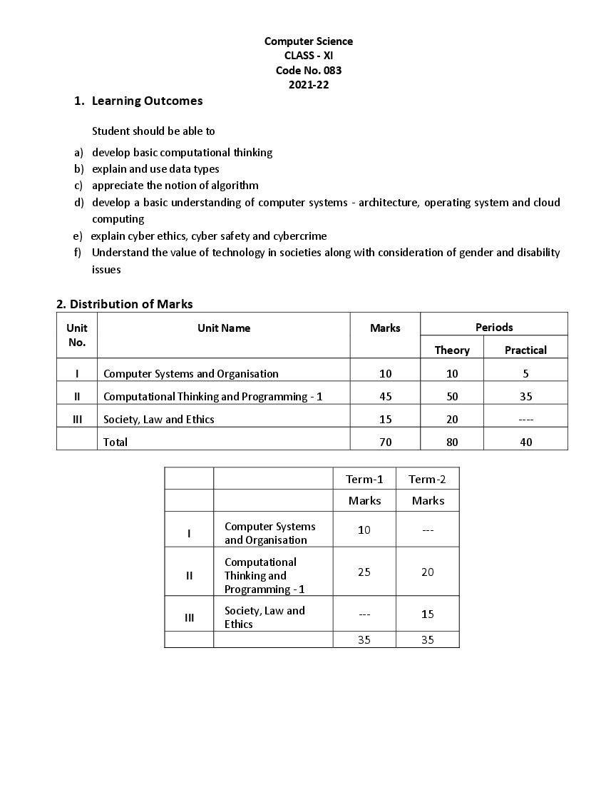CBSE Class 12 Term Wise Syllabus 2021-22 Computer Science - Page 1