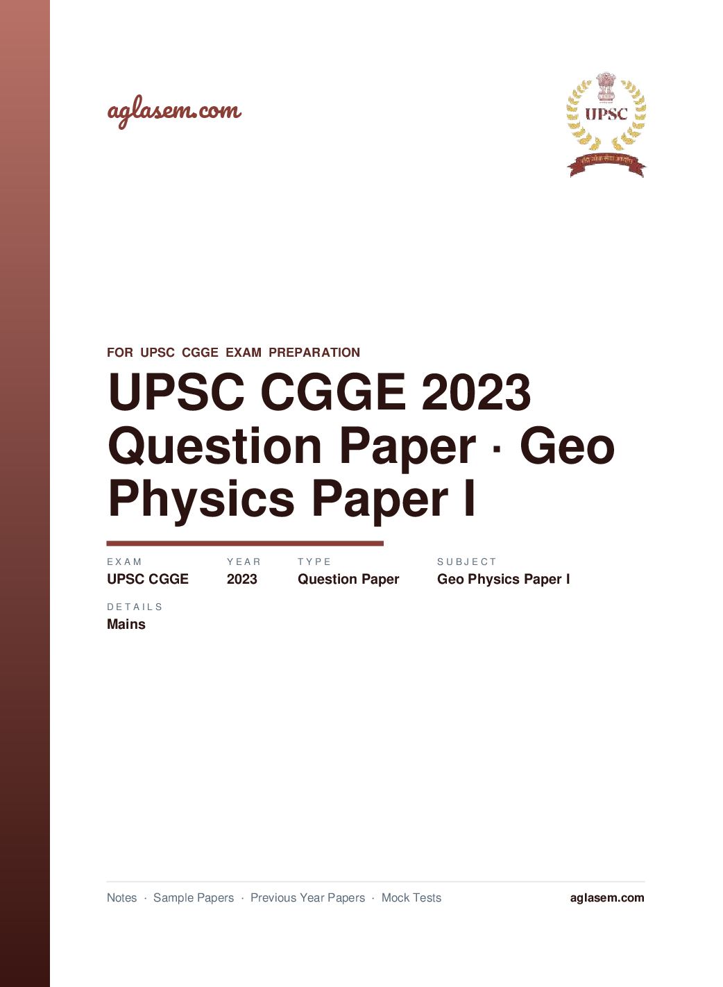 UPSC CGGE 2023 (Mains) Question Paper Geo-Physics Paper I - Page 1 of 7