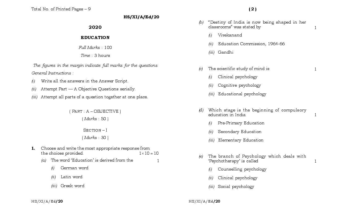 MBOSE Class 11 Question Paper 2020 for Education - Page 1