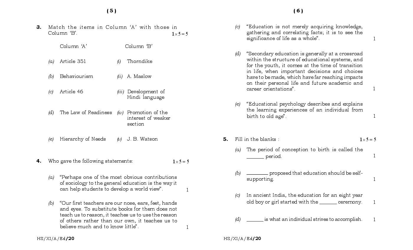 Meghalaya Board (MBOSE) Class 11 Question Paper for Education