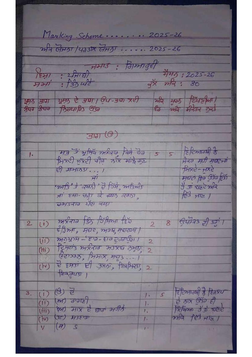HBSE Class 11 Sample Paper 2026 Answers Punjabi - Page 1