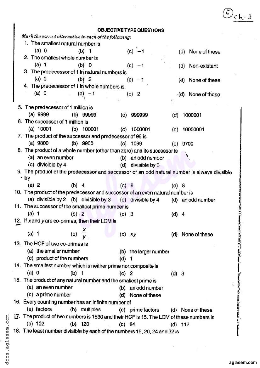 RD Sharma Solutions Class 6 Chapter 3 Whole Numbers MCQ - Page 1