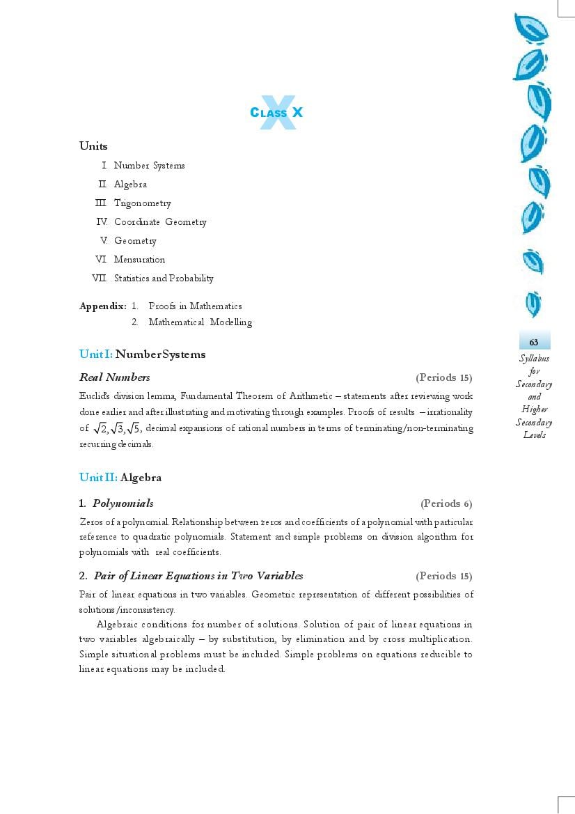 NCERT Class 10 Syllabus for Mathematics - Page 1