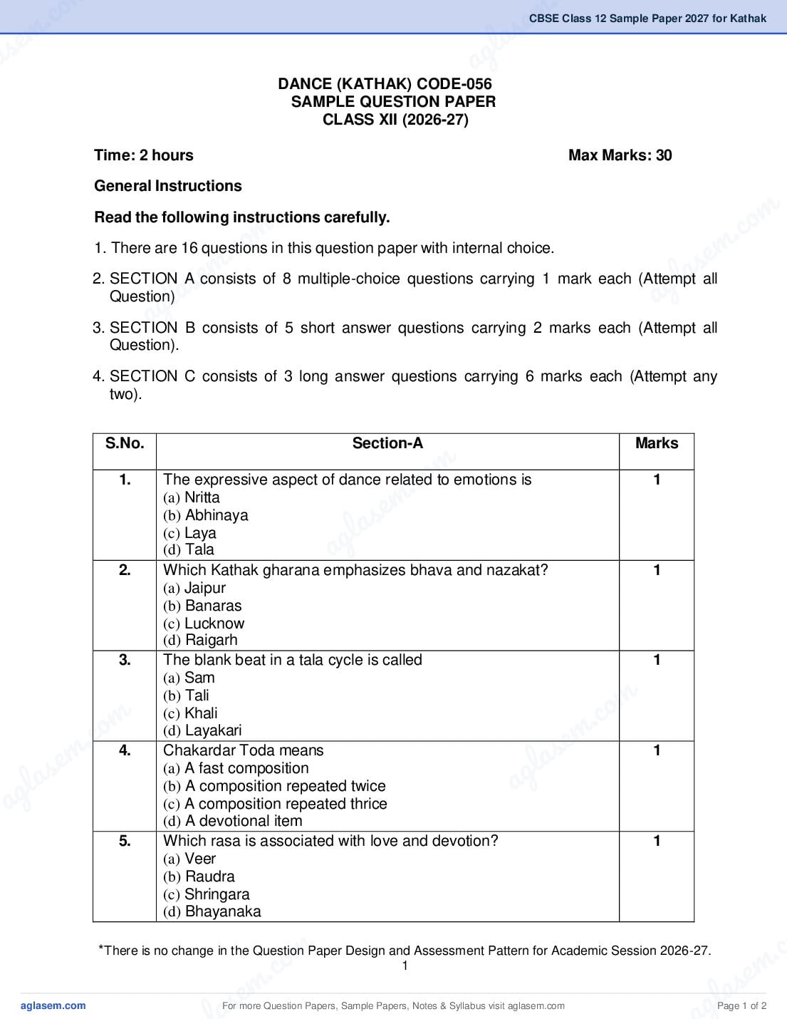 CBSE Class 12 Sample Paper 2027 for Kathak - Page 1 of 2