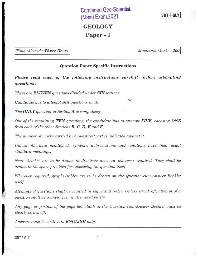 UPSC CGGE 2021 (Mains) Question Paper for Geology I - Page 1