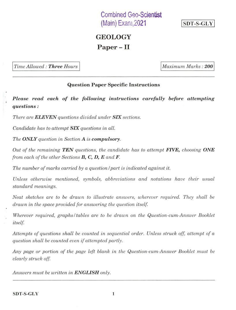 UPSC CGGE 2021 (Mains) Question Paper for Geology II - Page 1