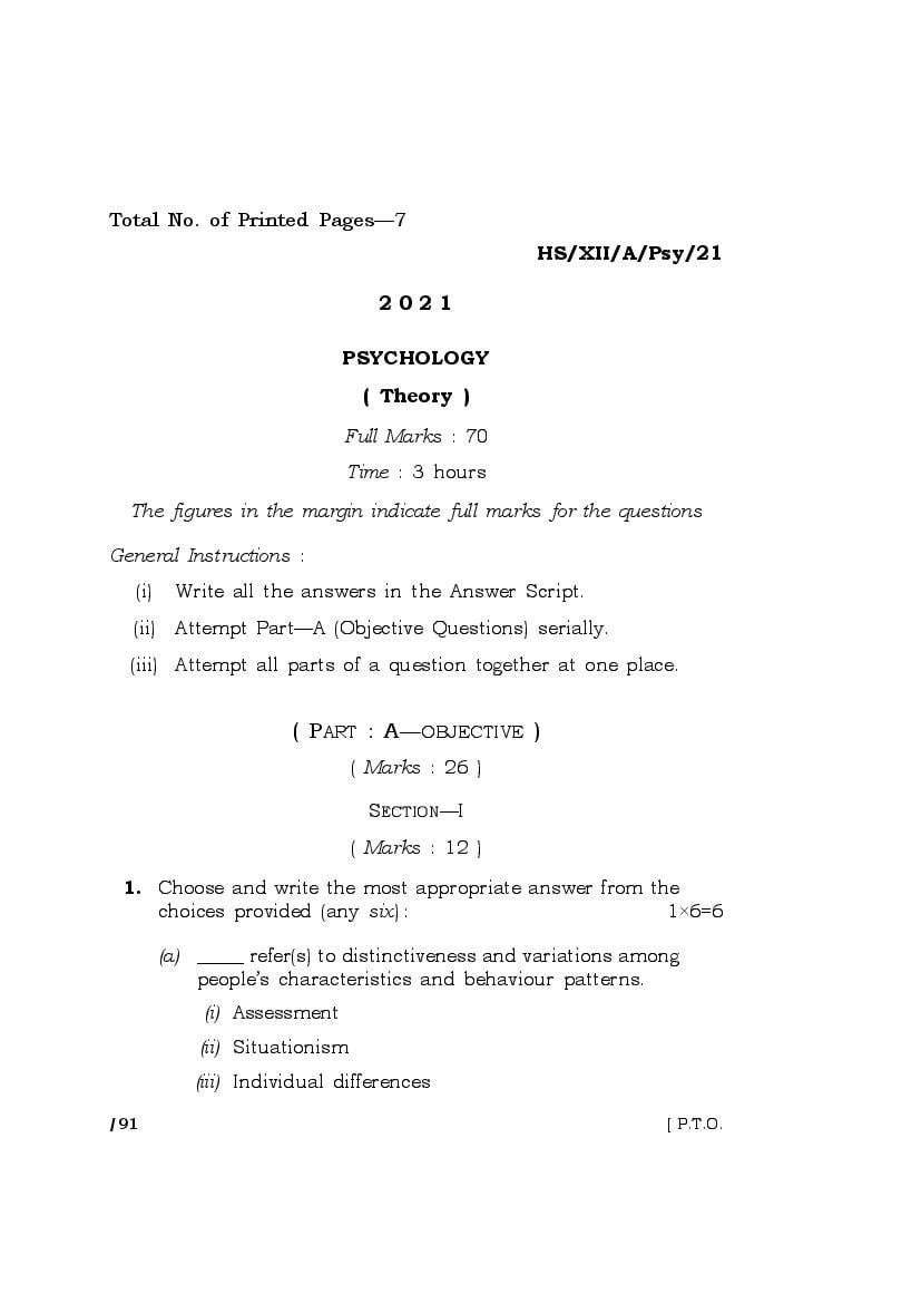 MBOSE Class 12 Question Paper 2021 for Psychology - Page 1