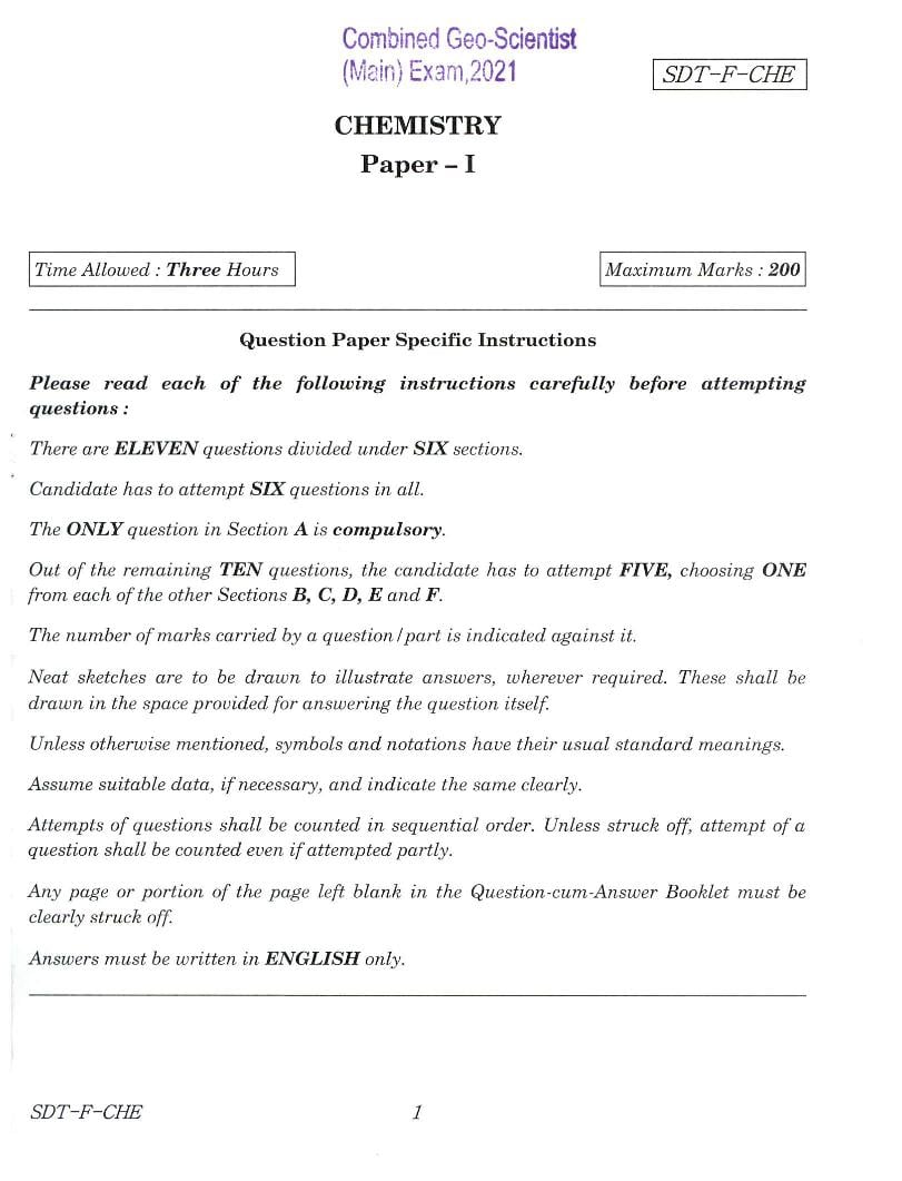UPSC CGGE 2021 (Mains) Question Paper for Chemistry I - Page 1
