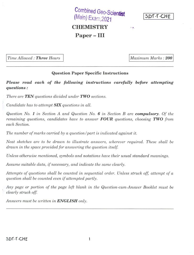 UPSC CGGE 2021 (Mains) Question Paper for Chemistry III - Page 1
