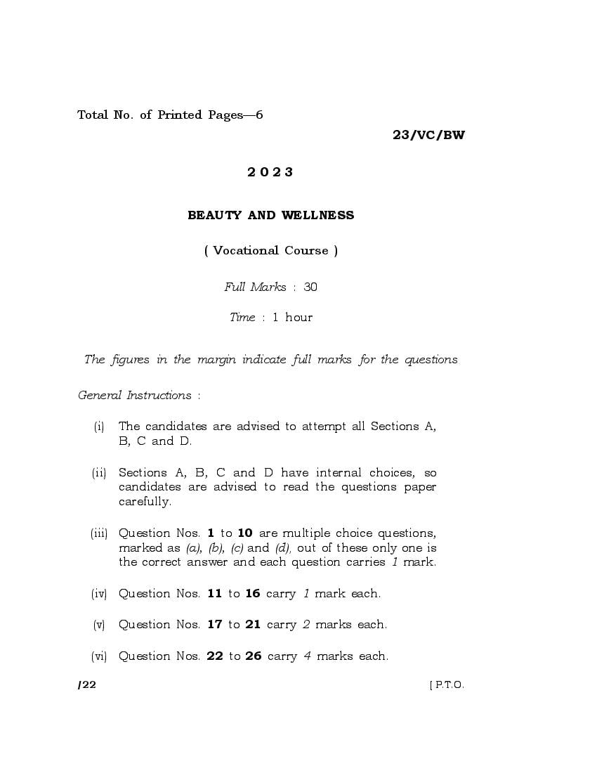 MBOSE Class 10 Question Paper 2023 for Beauty And Wellness - Page 1