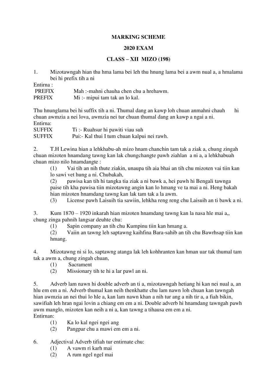 CBSE Class 12 Marking Scheme 2020 for Mizo - Page 1