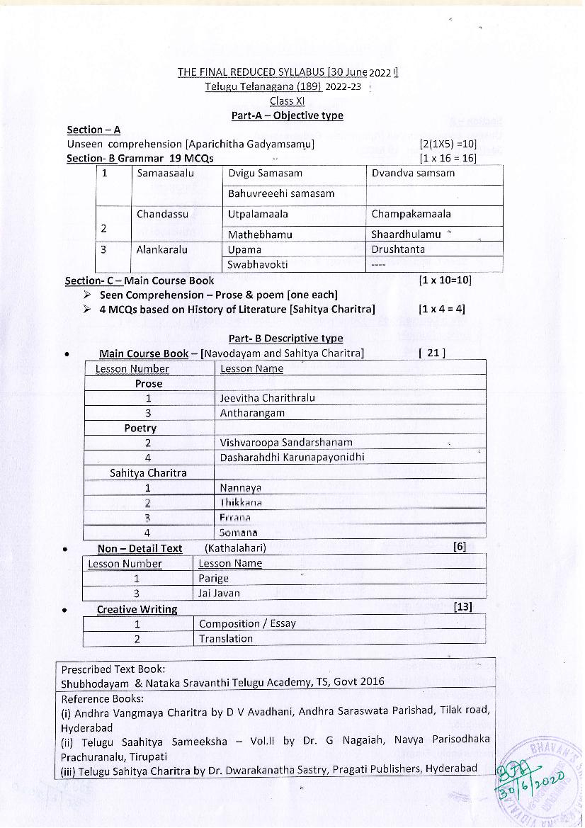 CBSE Class 11 Syllabus 2022-23 Telugu Telangana - Page 1 of 1