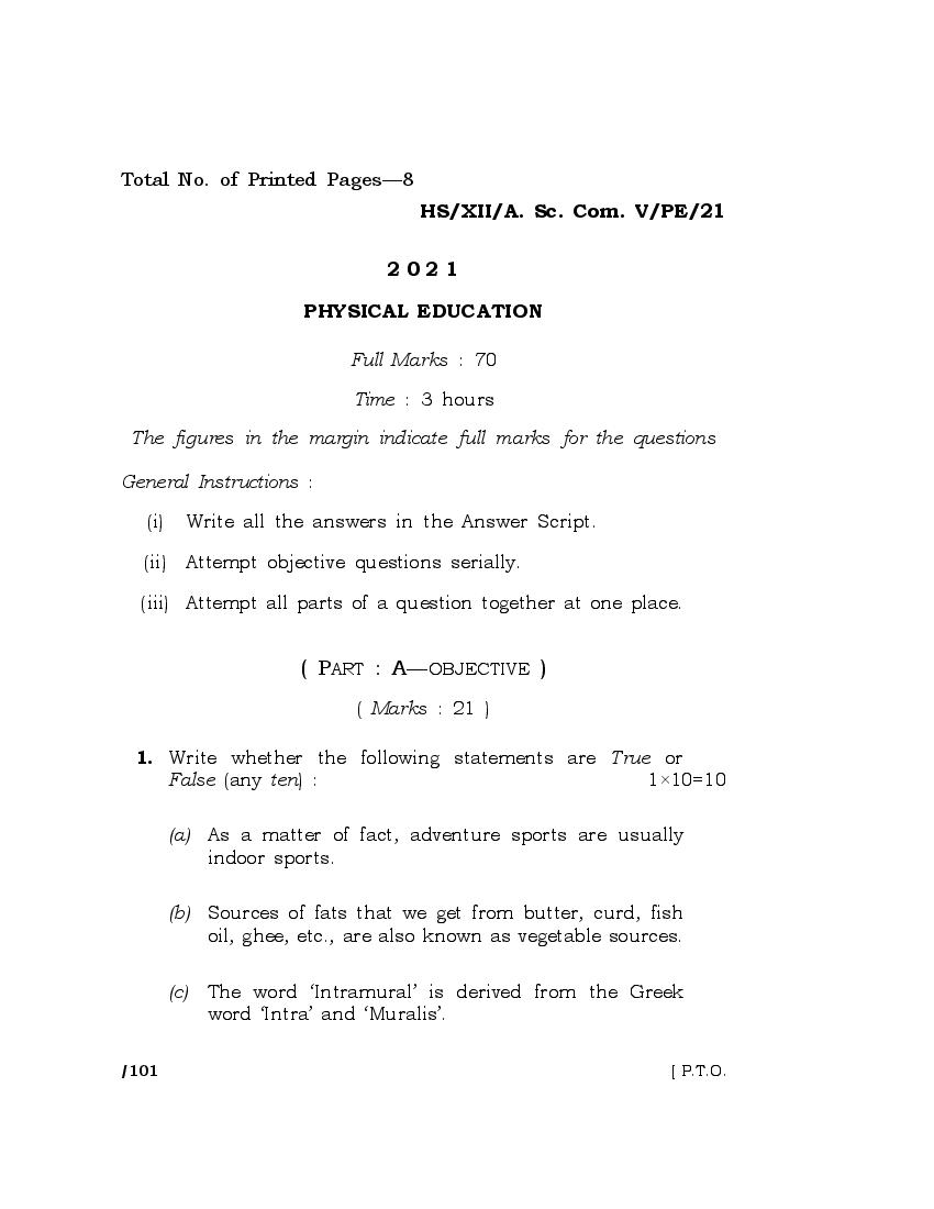 MBOSE Class 12 Question Paper 2021 for Physical Education - Page 1