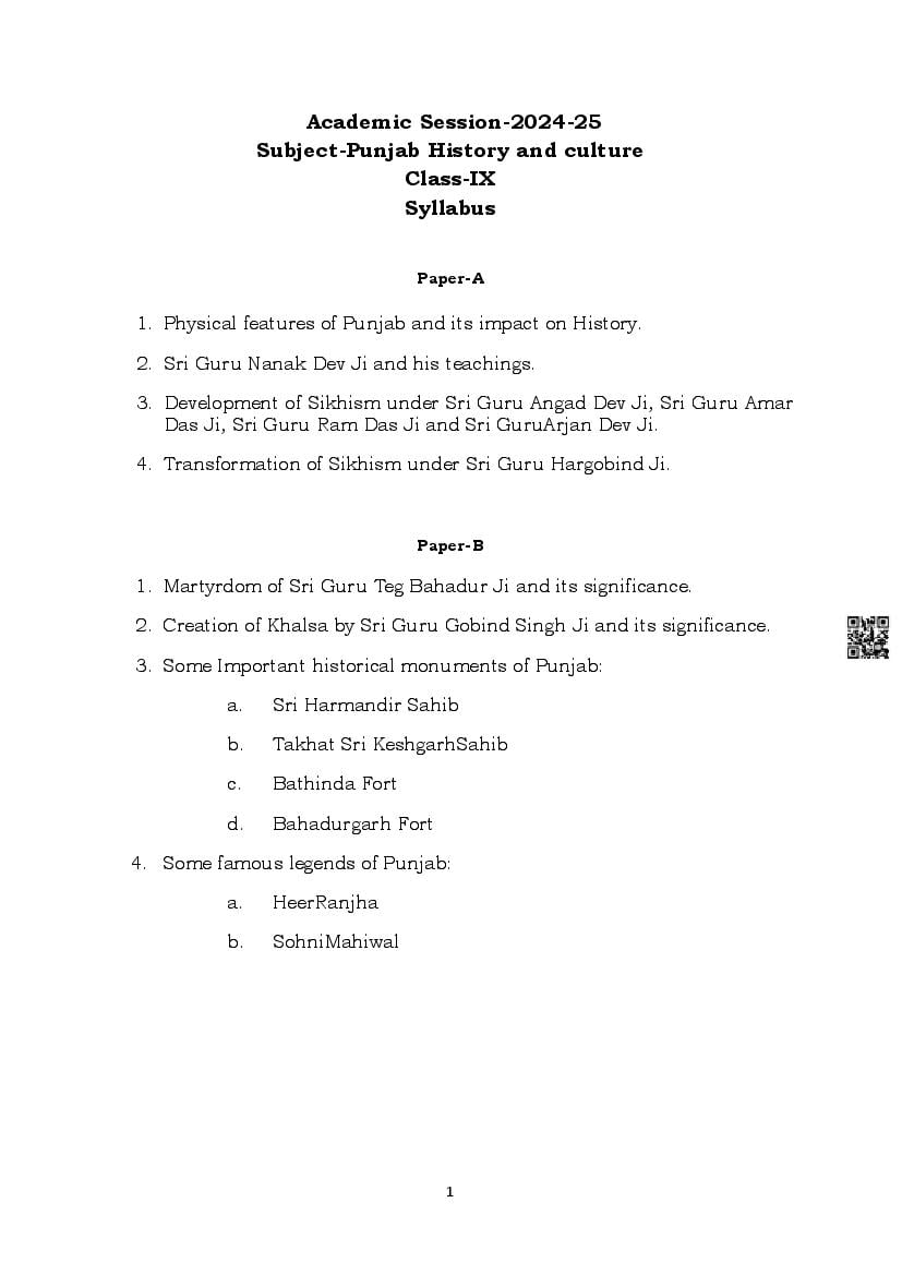 PSEB Class 9 Punjab History and Culture Syllabus (PDF)