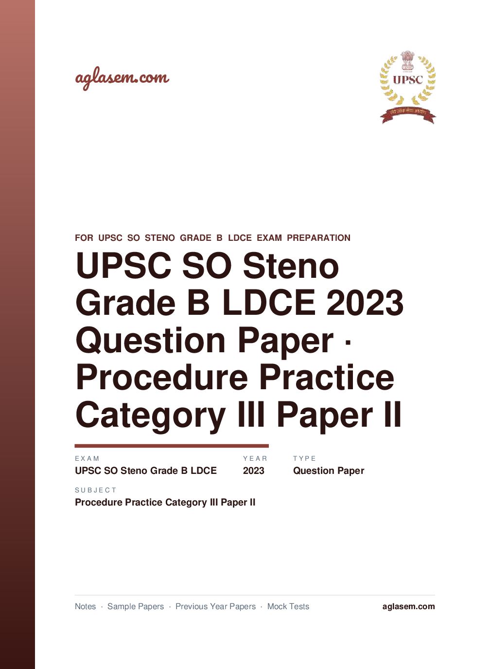 UPSC SO Steno Grade B LDCE 2023 Question Paper for Procedure and Practice Category III Paper II - Page 1 of 53
