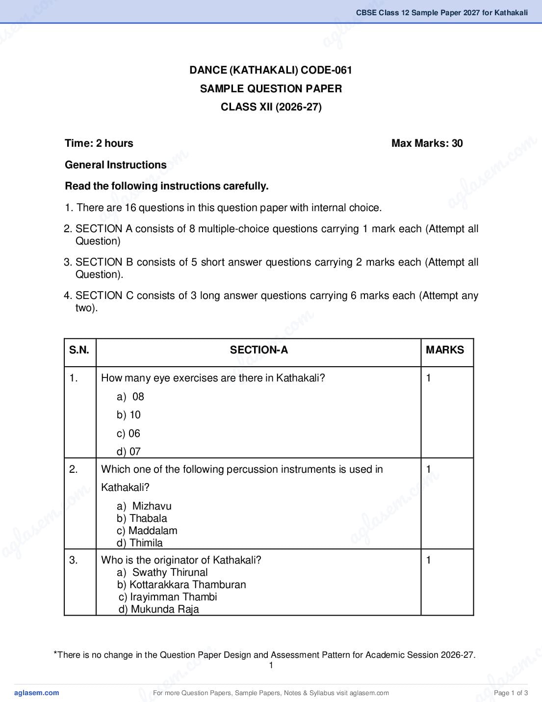 CBSE Class 12 Sample Paper 2027 for Kathakali - Page 1 of 3