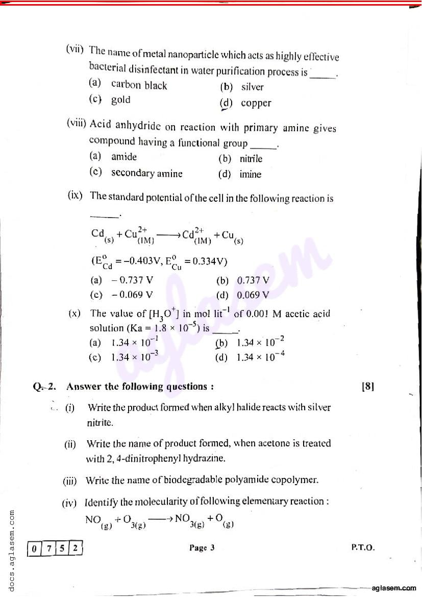 Class 12 Chemistry Sample Paper 2024 Maharashtra Board (PDF) - Maha HSC ...