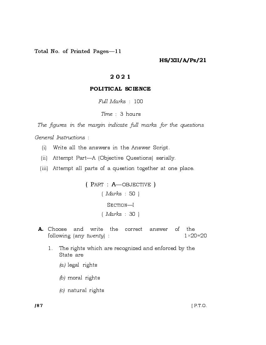 MBOSE Class 12 Question Paper 2021 for Political Science - Page 1