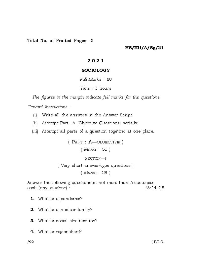 MBOSE Class 12 Question Paper 2021 for Sociology - Page 1