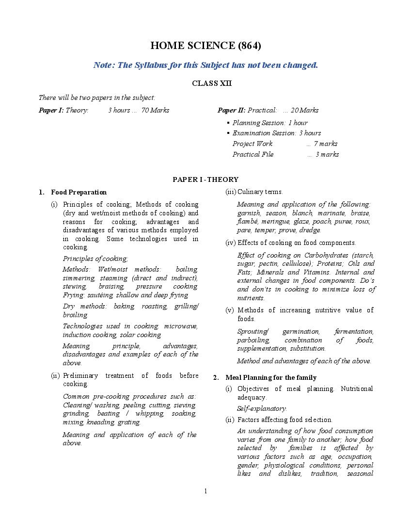 ISC Class 12 Syllabus 2023 Home Science (Revised) - Page 1