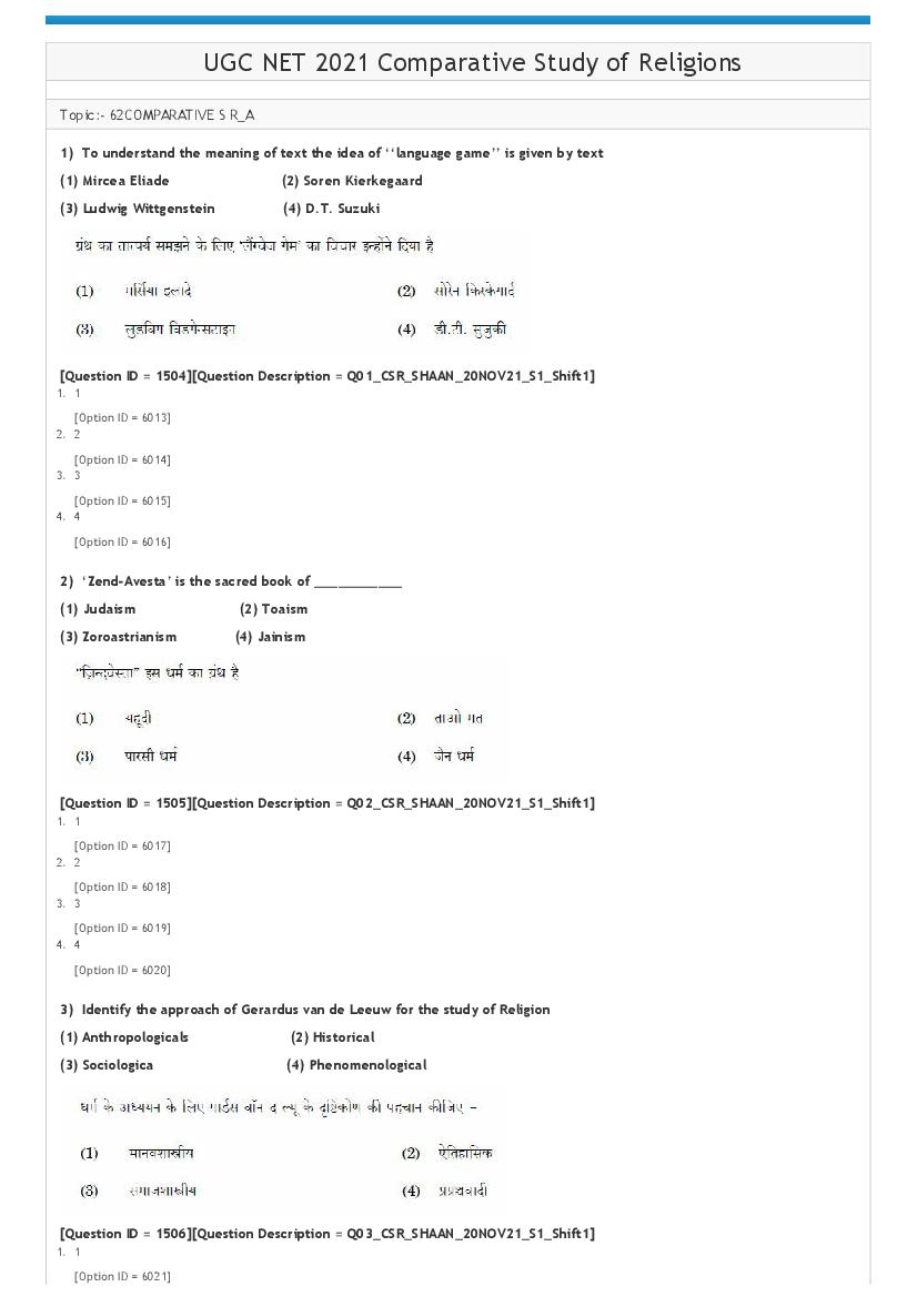 UGC NET 2021 Question Paper Comparative Study of Religions Shift 1 - Page 1