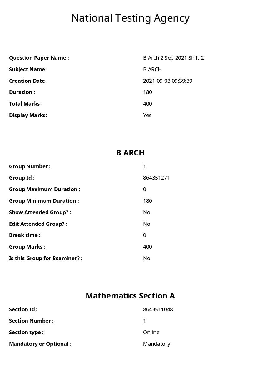 JEE main 2021 Question Paper 02 Sep Shift 2 B.Arch - Page 1