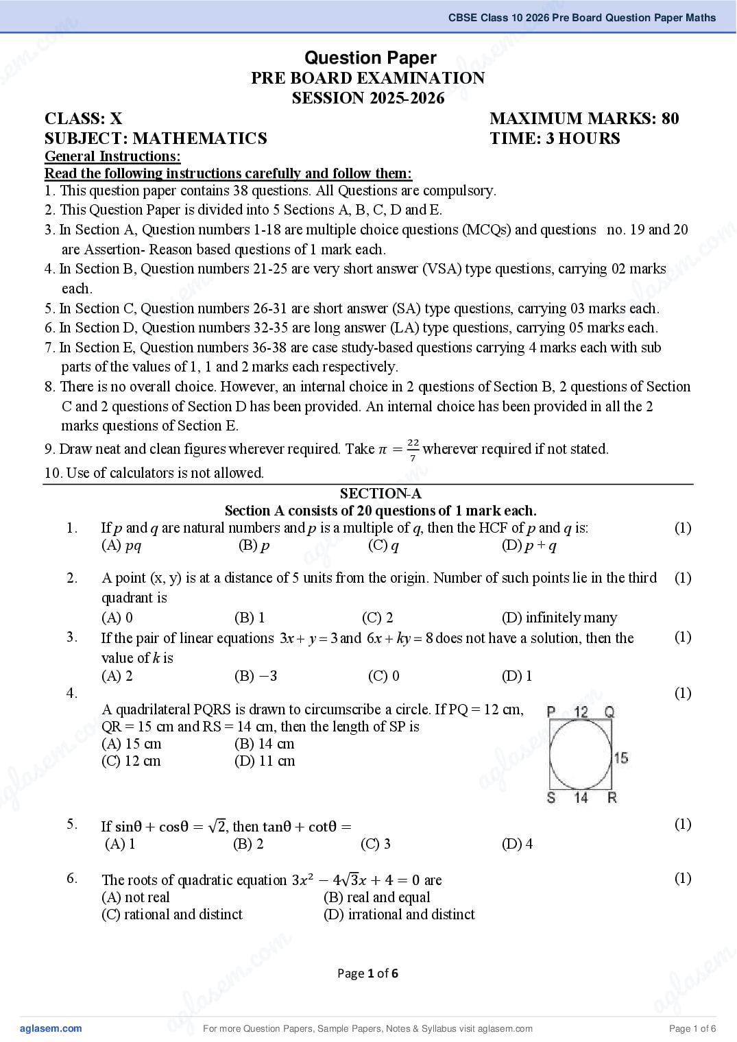 One Class Math Paper Sample Class 10 Maths Standard Pre Board Question Paper 2026 PDF - Download ...
