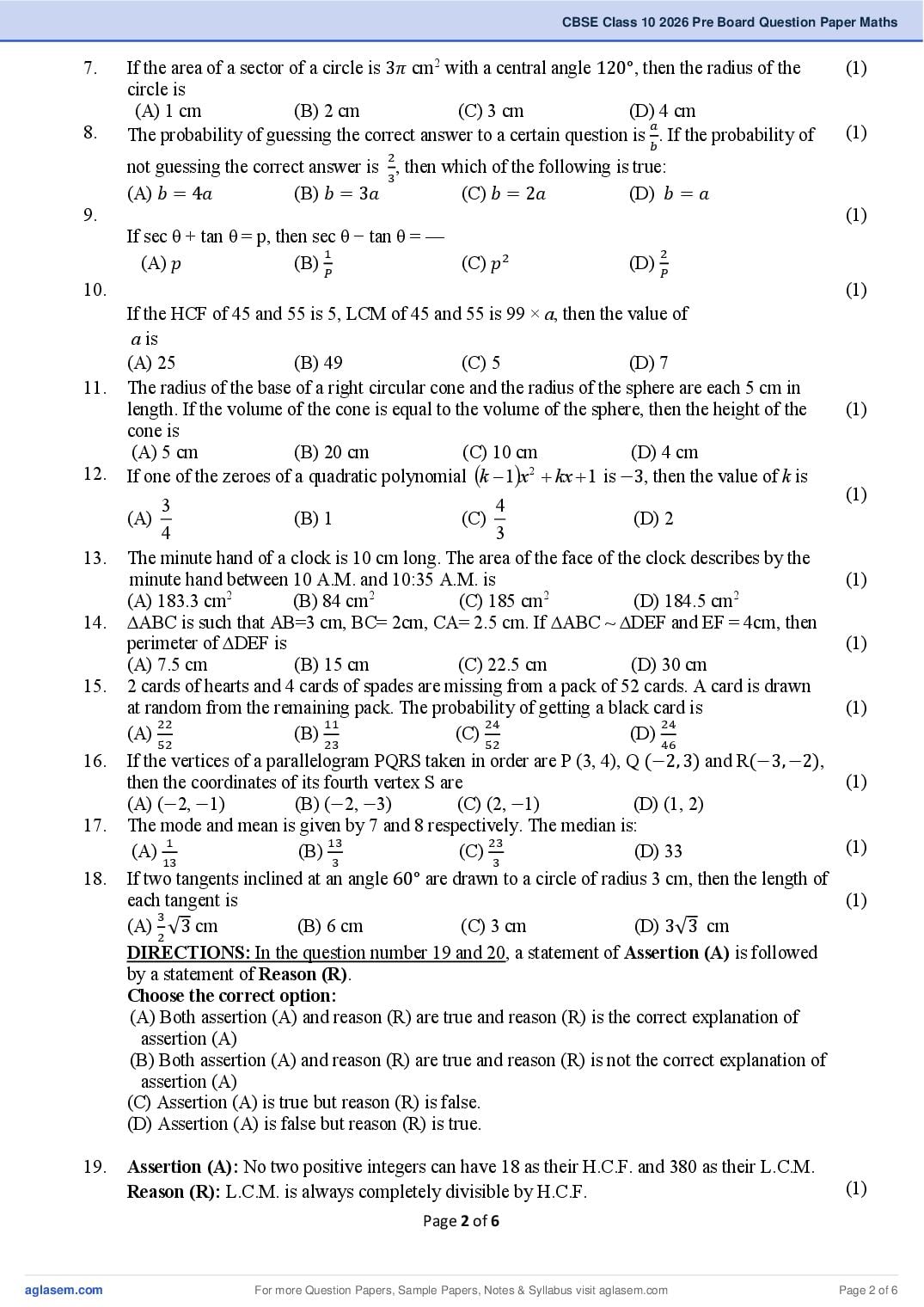 One Class Math Paper Sample Class 10 Maths Standard Pre Board Question Paper 2026 PDF - Download ...